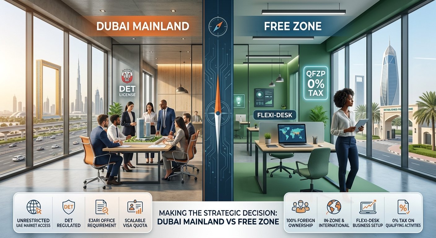 Infographic comparing Dubai Mainland DET setup and Free Zone flexi-desk business setup options for UAE company formation