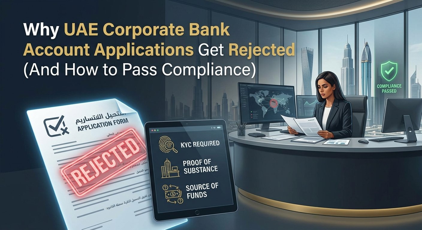 UAE corporate bank account opening application form with rejection stamp and compliance verification checklist tablet in a Dubai office