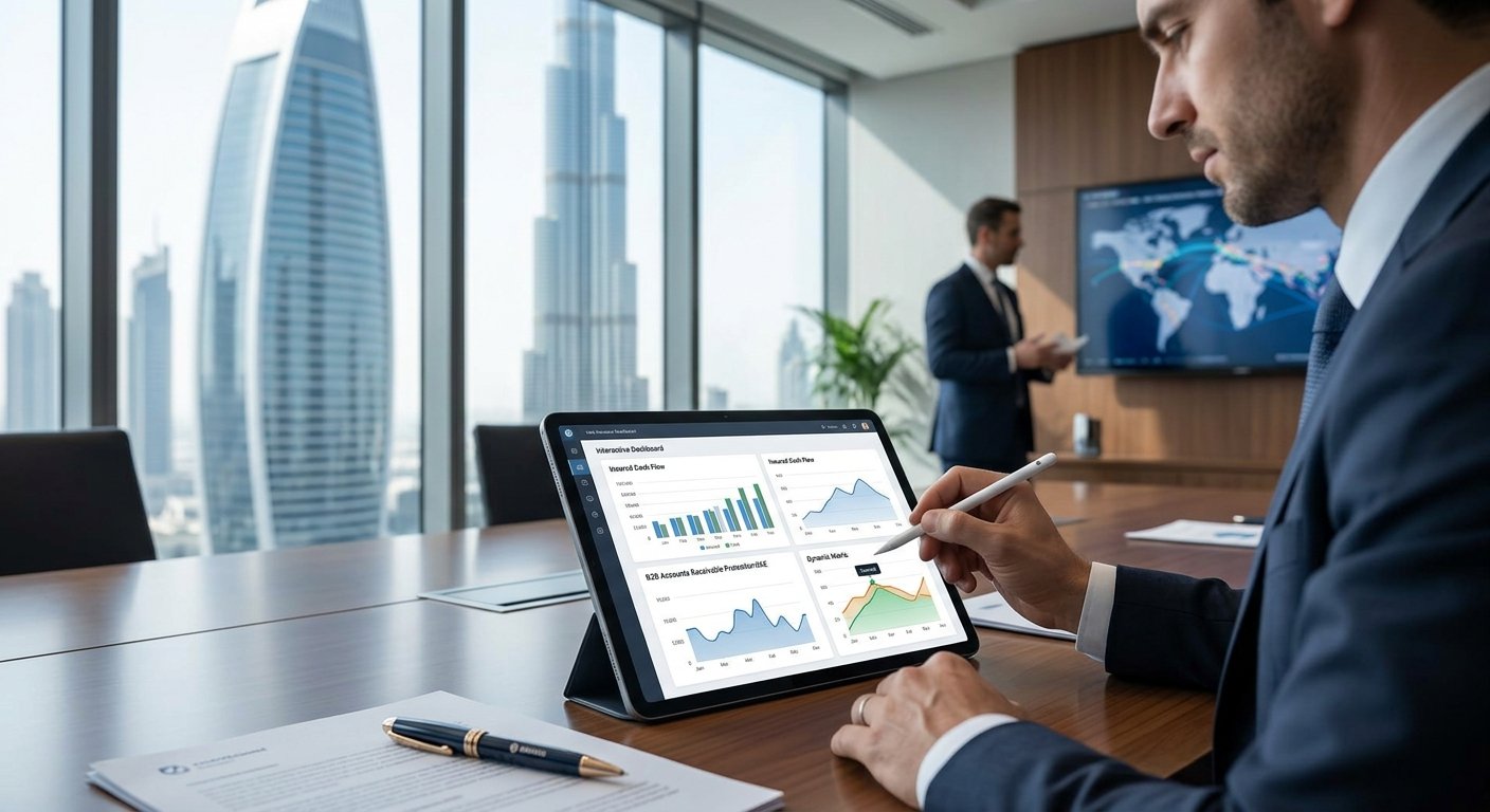 Dubai business executive analyzing B2B trade credit insurance metrics and cash flow protection dashboard in high-rise boardroom