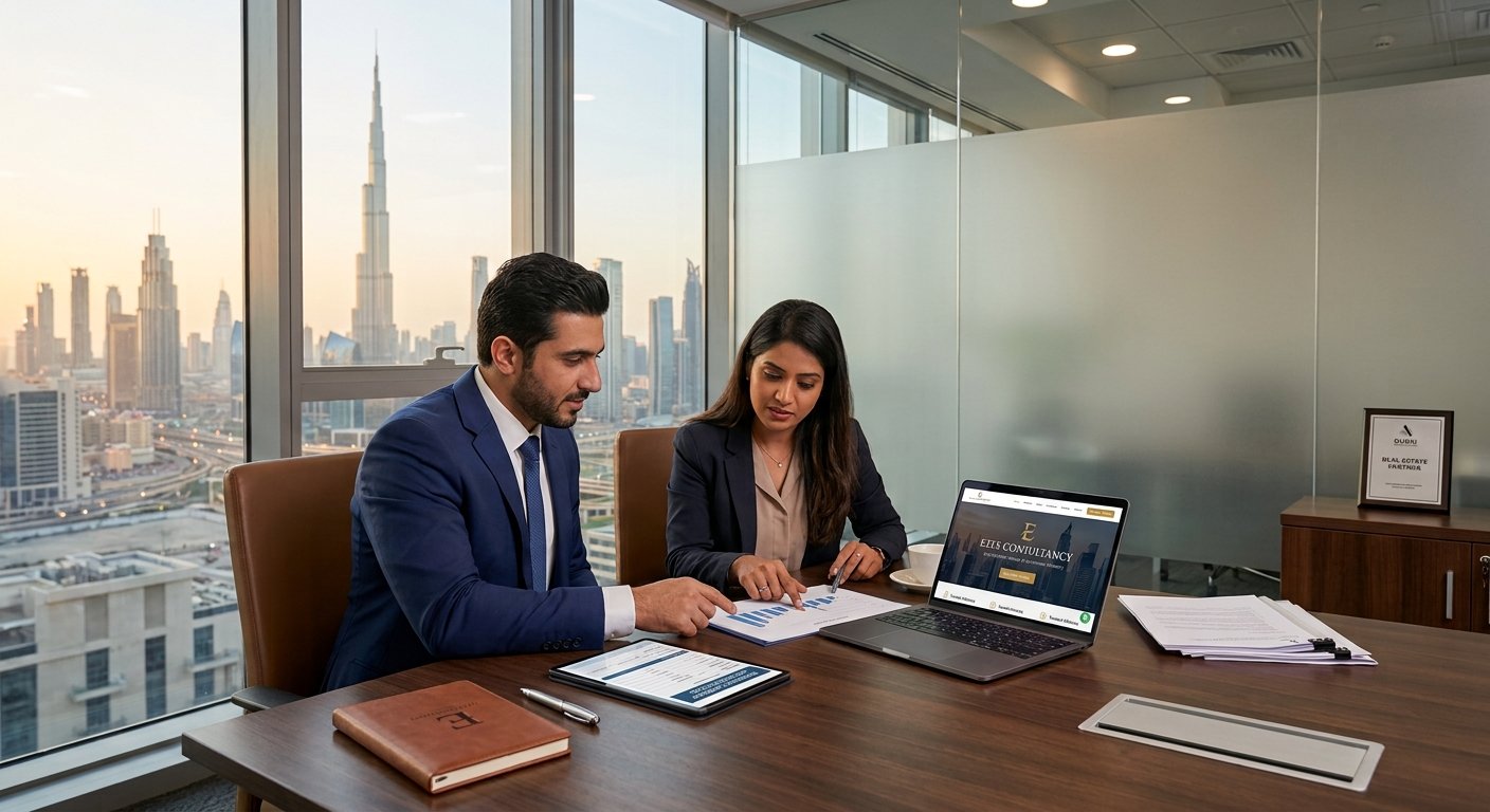Commercial mortgage consultant Dubai reviewing property loan documentation with client