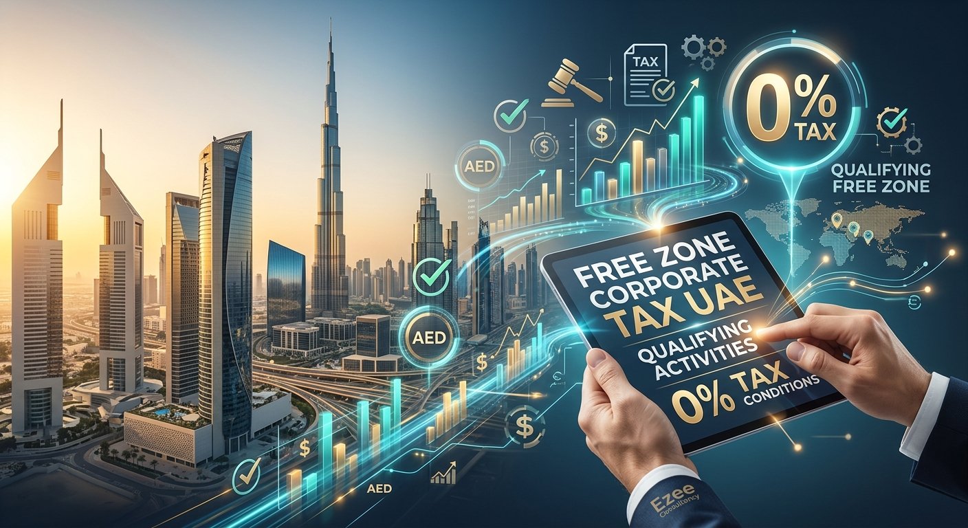 Free Zone Corporate Tax UAE guide graphic featuring Dubai skyline with digital financial charts, 0% tax icons, and Ezee Consultancy branding