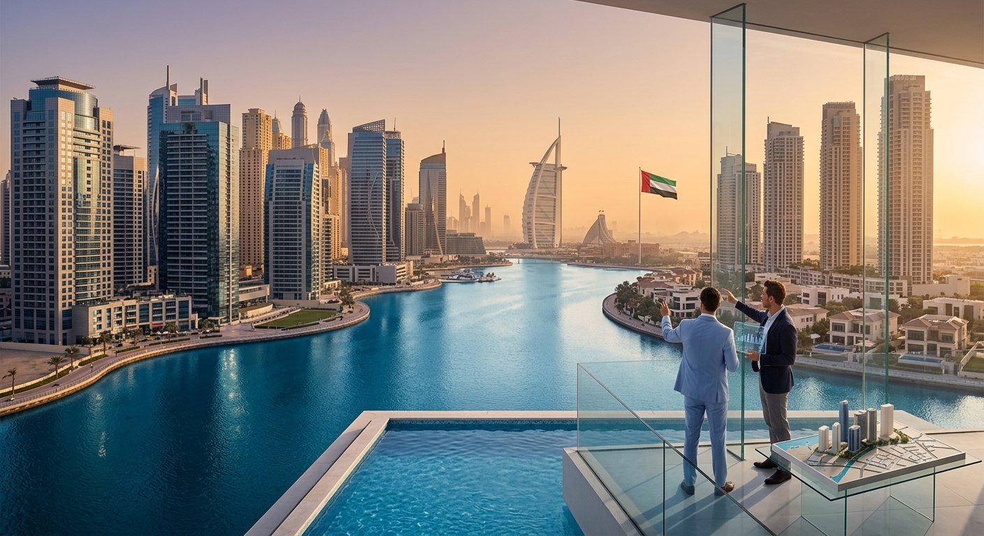 Two business advisors on a modern luxury balcony pointing at the sunset Dubai skyline and Burj Al Arab, illustrating UAE Golden Visa investment and residency opportunities