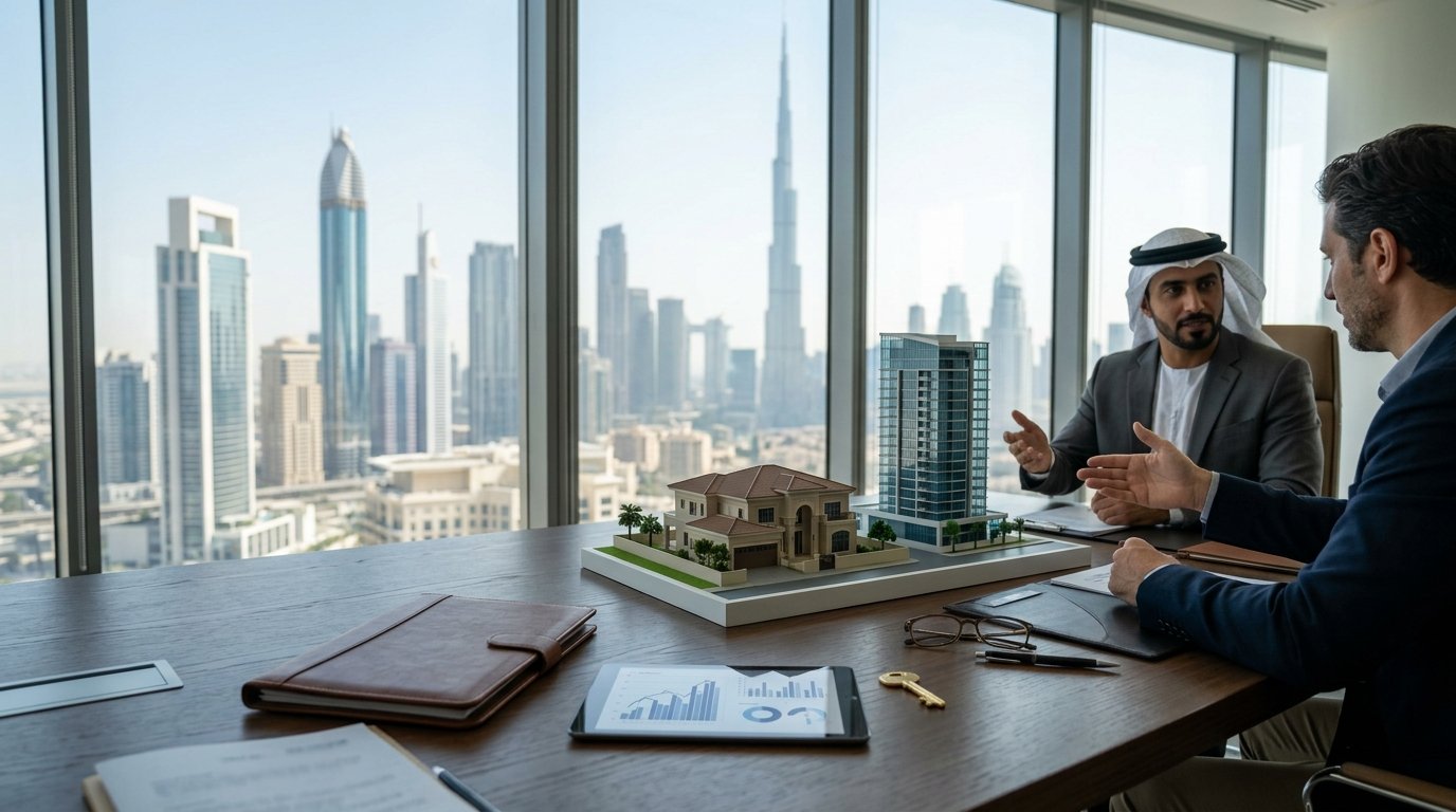 UAE business consultant and investor discussing holding company real estate structures in a modern Dubai office with city skyline view