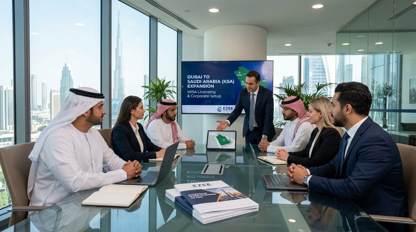 Ezee Consultancy corporate advisors presenting a Dubai to Saudi Arabia business expansion strategy and MISA licensing blueprint in a modern high-rise office with the Burj Khalifa in the background